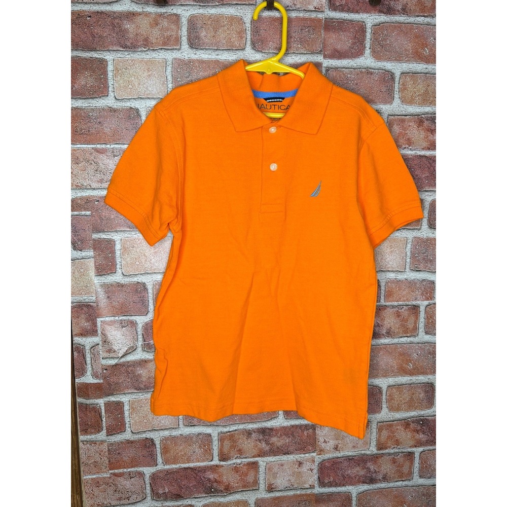 Nautica Boys Orange Short Sleeve Pique Polo Shirt Size S 8 Cotton Logo Tee
